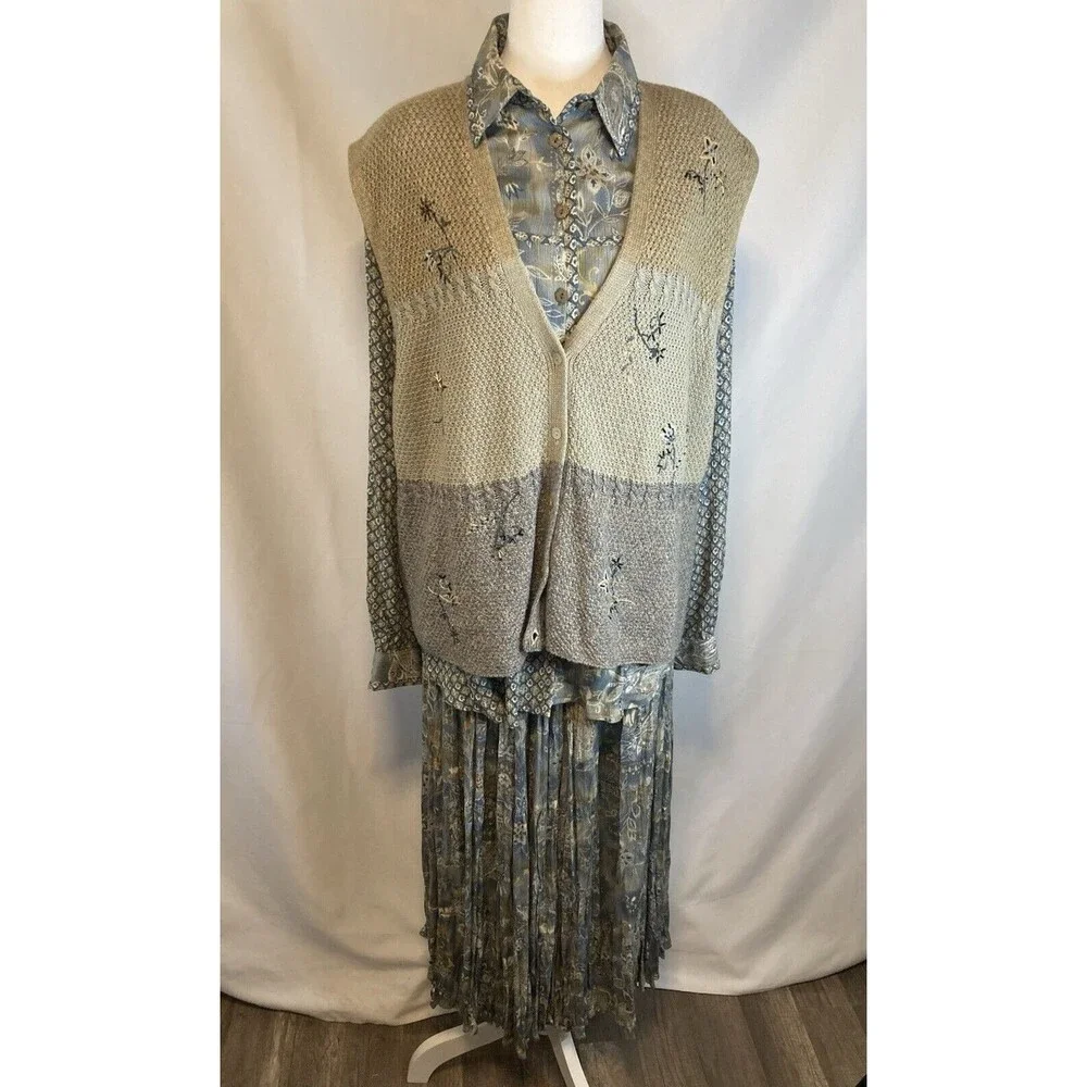 Maxi Skirt Set 3 Piece Womens L Top Blouse Cardigan Vest Skirt Floral Paisley